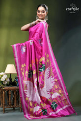 Exclusive heron motif handcrafted kantha silk saree in royal fuchsia vibrant fuchsia silk saree adorned 3