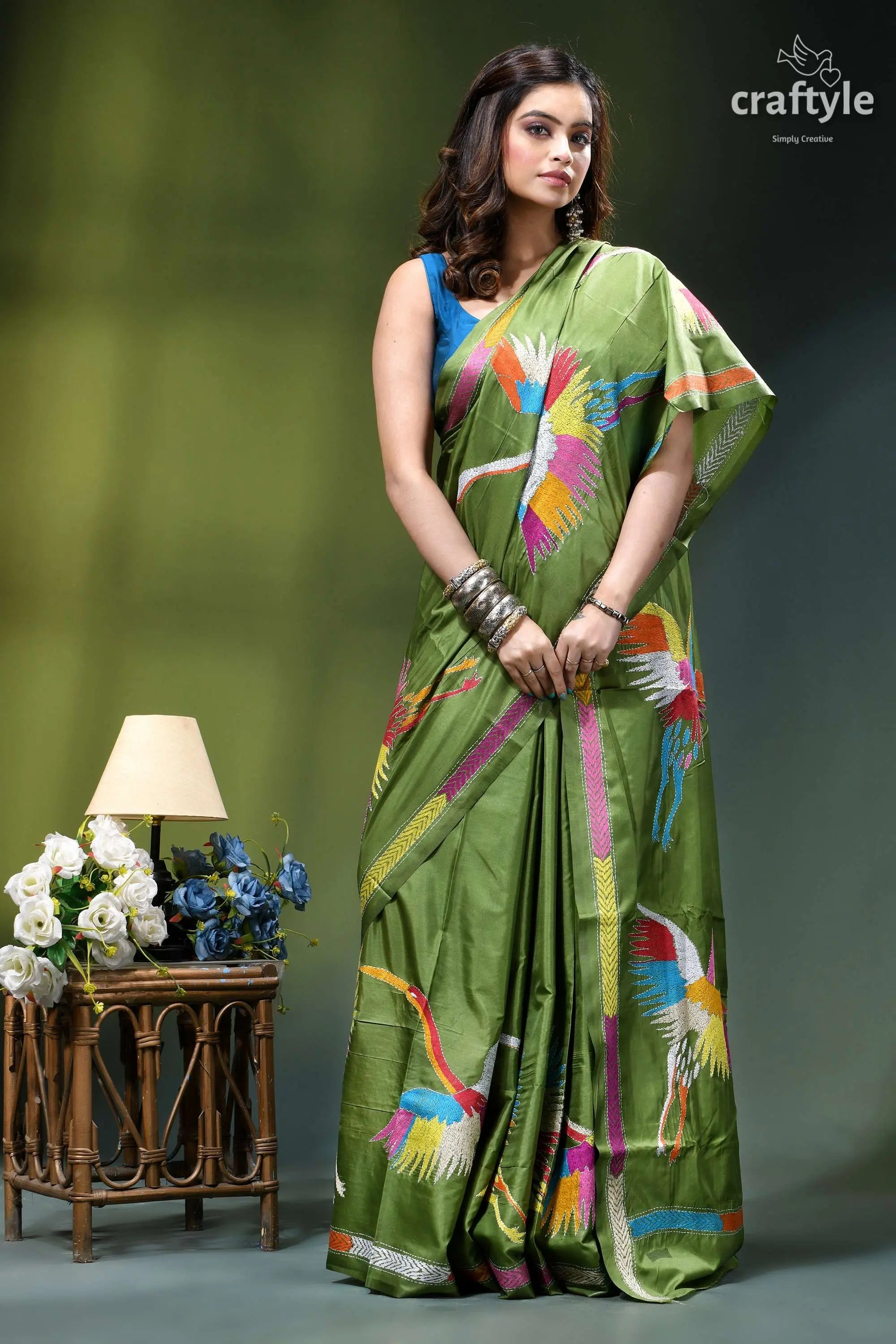 Exclusive heron motif sap green silk kantha stitch saree vibrant olive green silk saree 4
