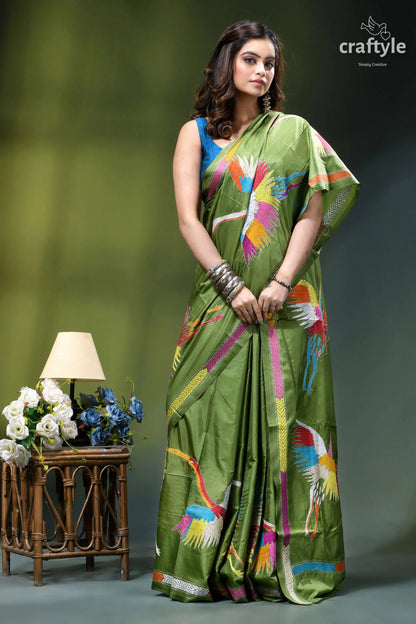Exclusive heron motif sap green silk kantha stitch saree vibrant olive green silk saree 4