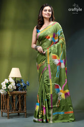 Exclusive heron motif sap green silk kantha stitch saree vibrant olive green silk saree 6
