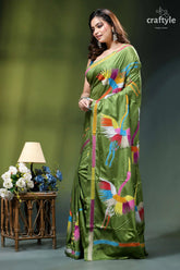 Exclusive heron motif sap green silk kantha stitch saree olive green silk saree adorned 3