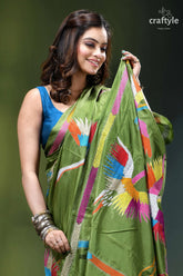 Exclusive heron motif sap green silk kantha stitch saree vibrant green silk saree adorned 2