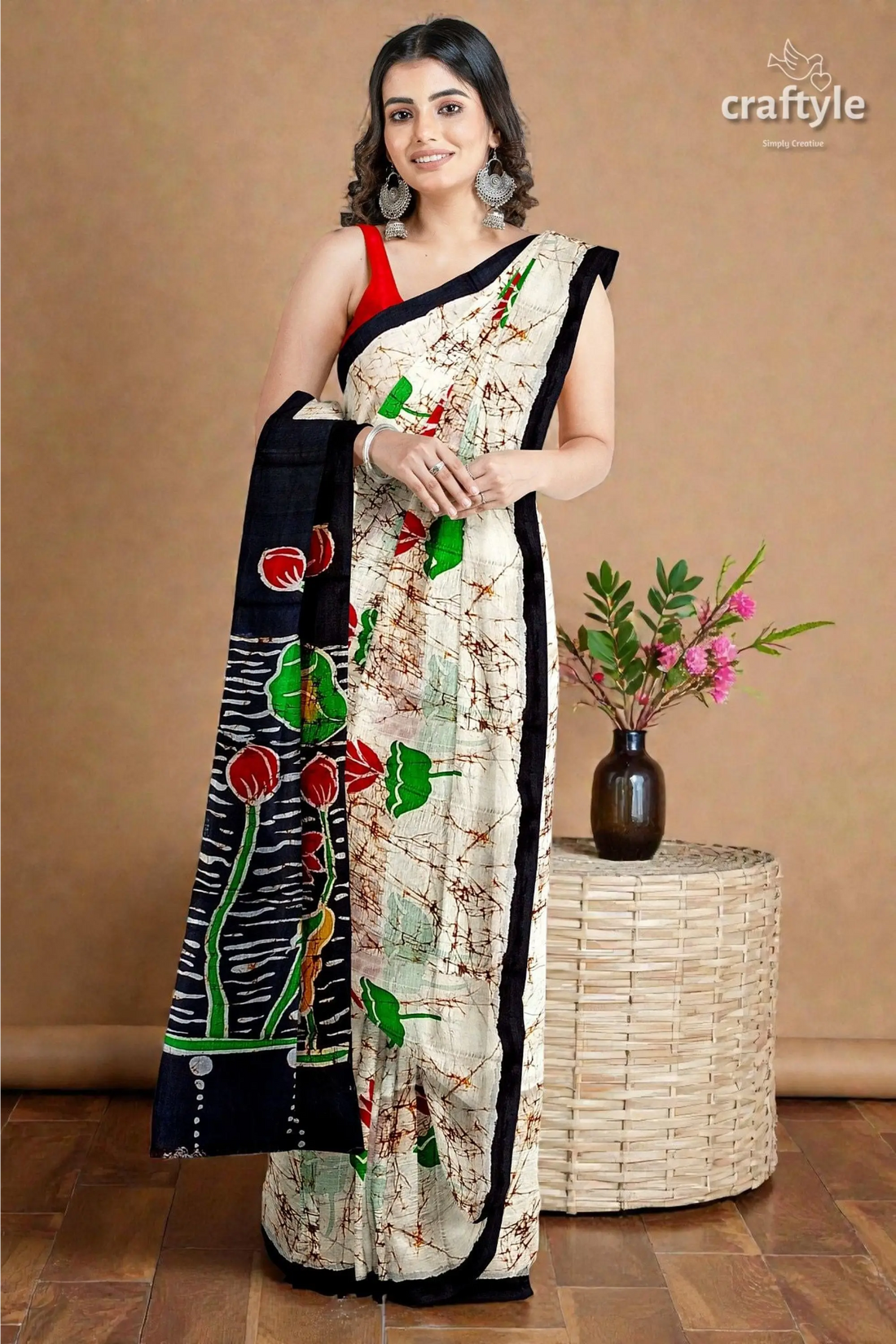 Exclusive lotus motif hand batik mulberry pure silk saree 1