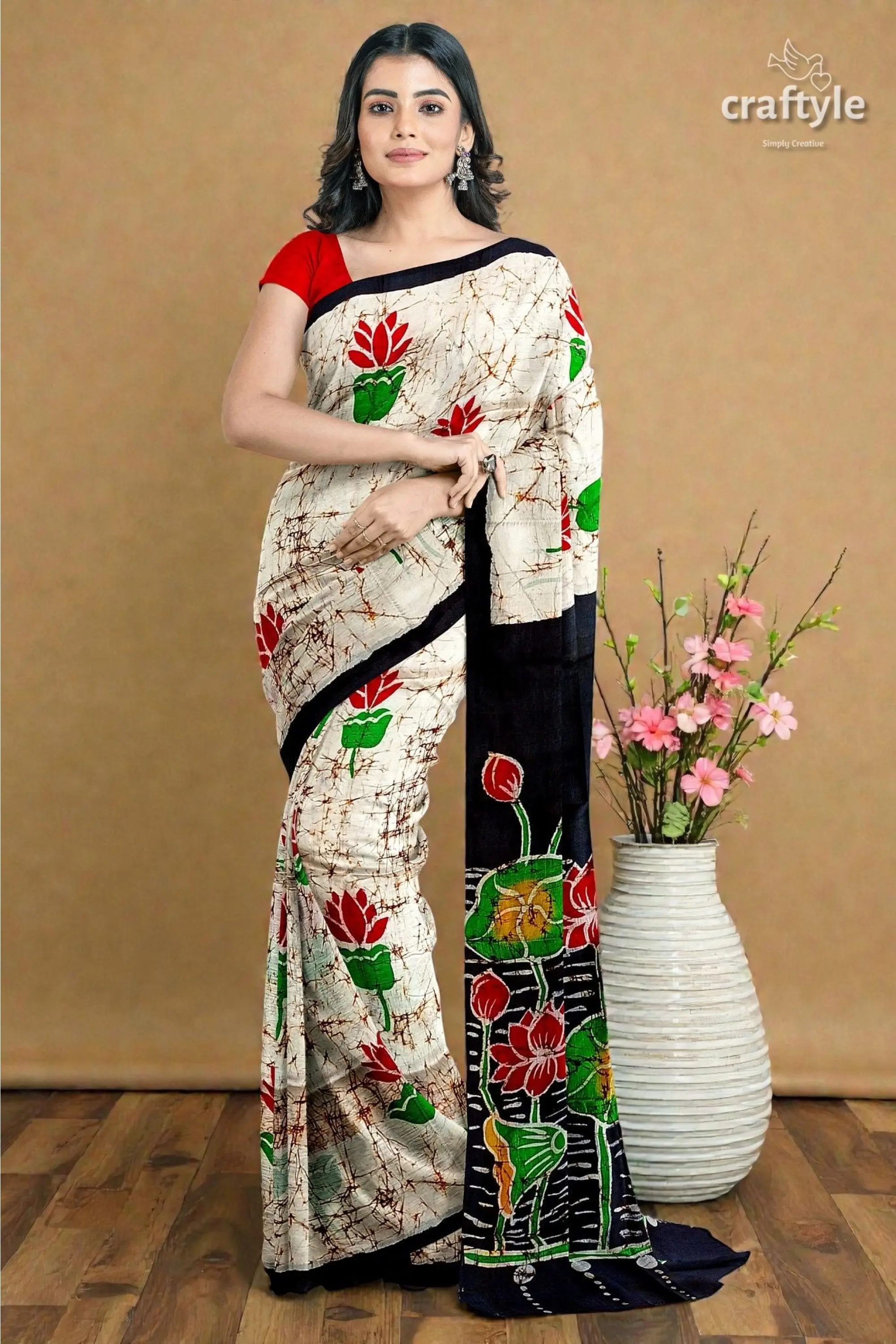 Exclusive lotus motif hand batik mulberry pure silk saree 5