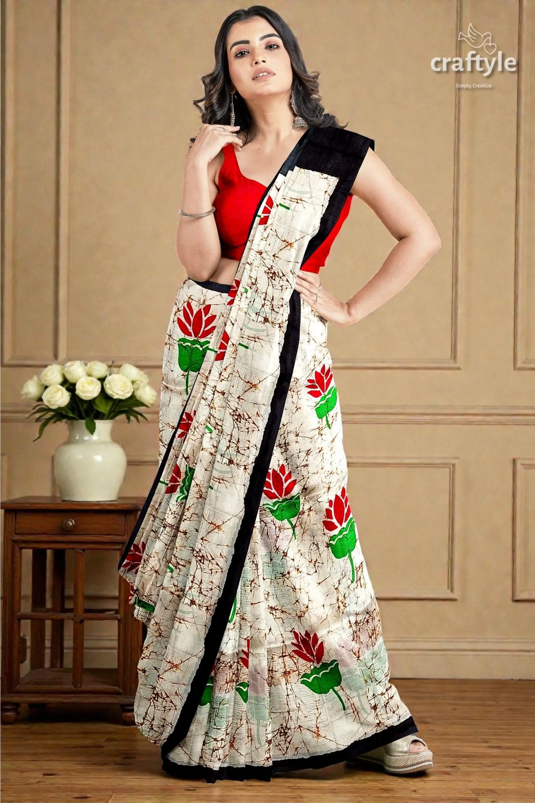 Exclusive lotus motif hand batik mulberry pure silk saree 2