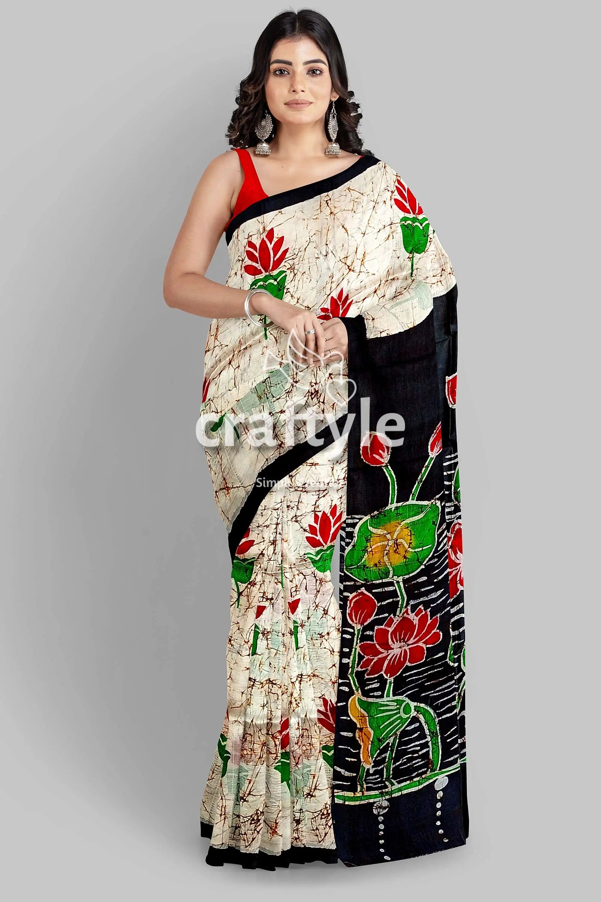 Exclusive lotus motif hand batik mulberry pure silk saree woman floral-patterned saree 5