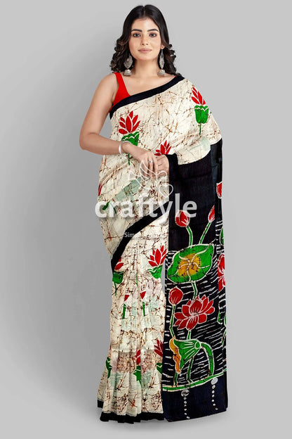 Exclusive lotus motif hand batik mulberry pure silk saree woman floral-patterned saree 5