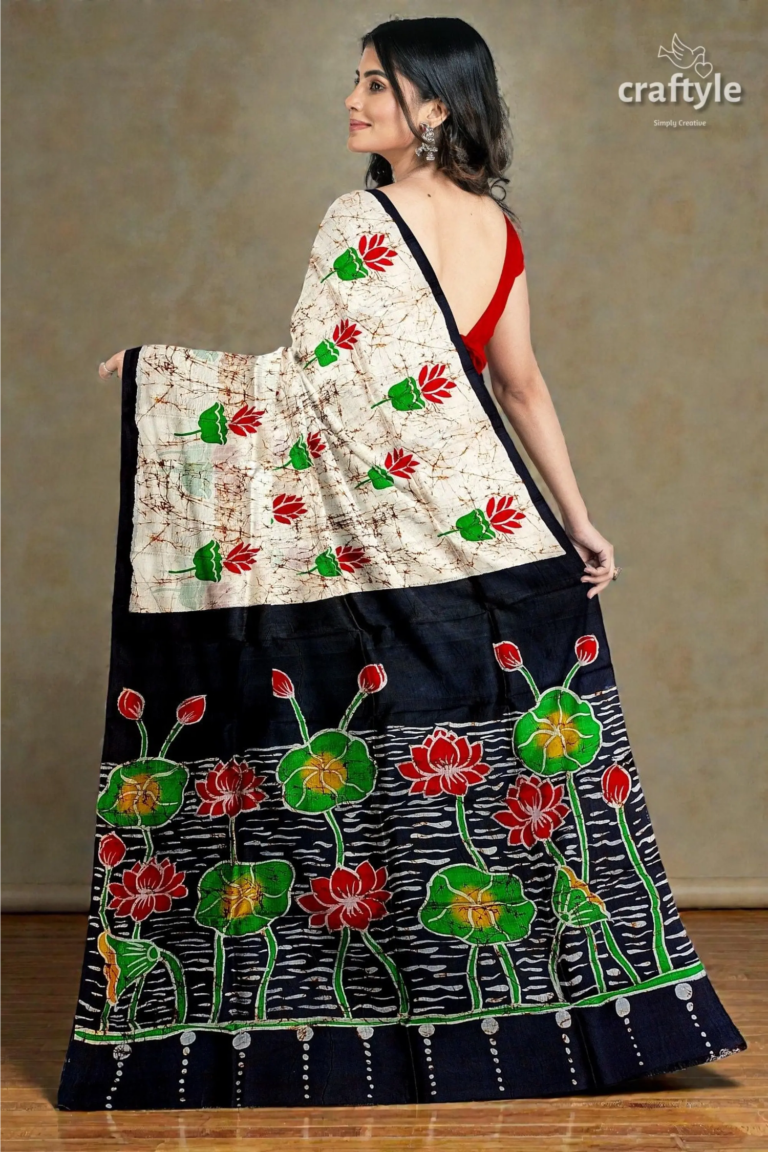Exclusive lotus motif hand batik mulberry pure silk saree 4