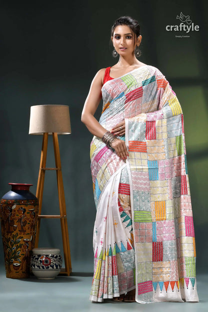 Exclusive multicolor geometric pattern white silk kantha stitch saree white multicolored patchwork saree floral 1