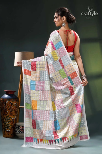 Exclusive multicolor geometric pattern white silk kantha stitch saree white patchwork saree colorful flags 5