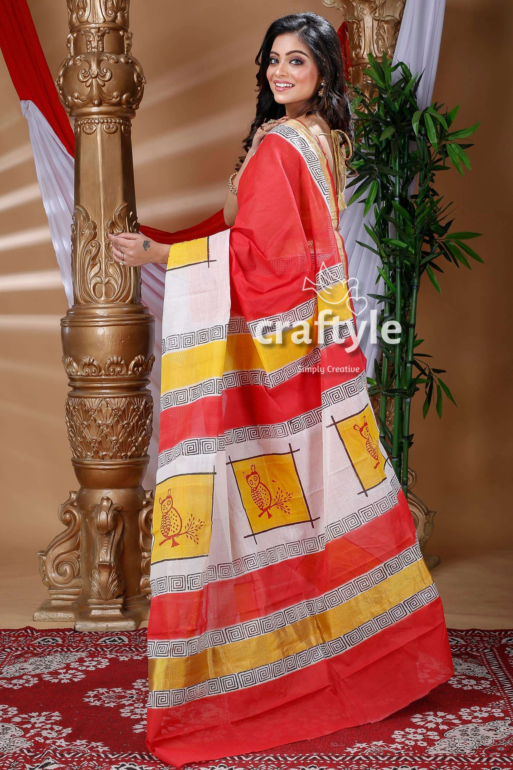 Exclusive Owl Design Multicolor Hand Block Kerala Cotton Saree-Craftyle