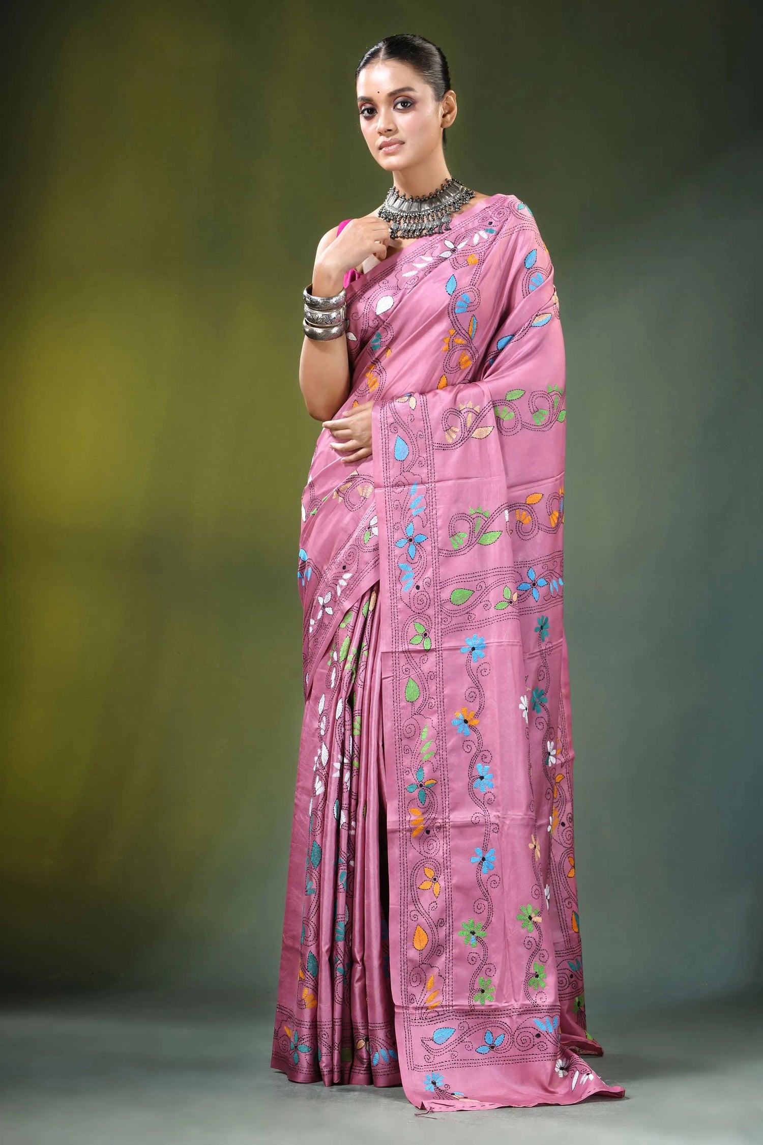 Exclusive shakuntala design silk kantha saree in dusty pink adorned colorful 6