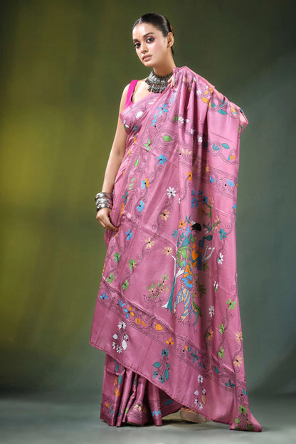 Exclusive shakuntala design silk kantha saree in dusty pink vibrant adorned 4