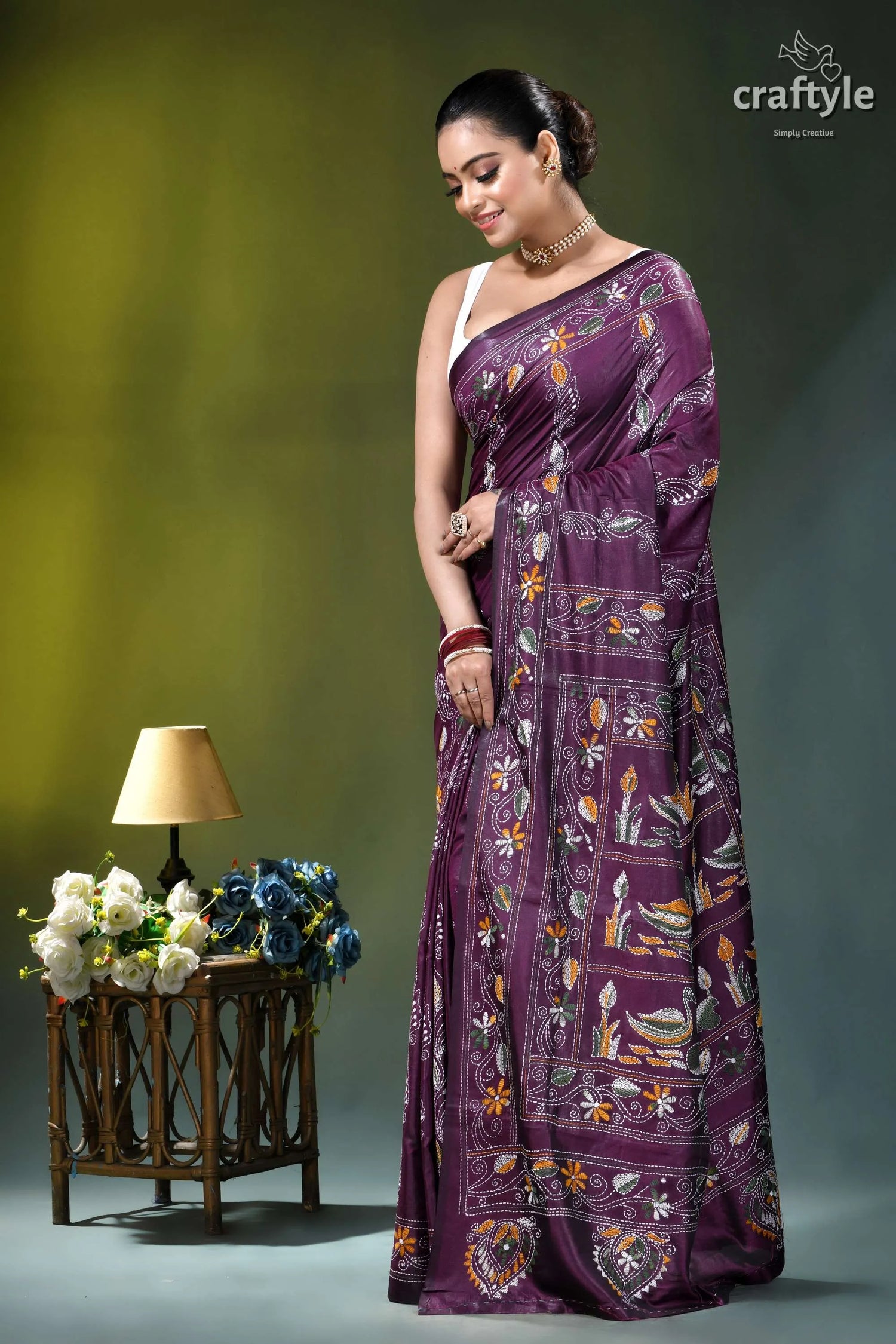 Exclusive swan motif silk kantha embroidery saree in plum purple woman wears deep purple sari 4