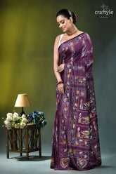 Exclusive swan motif silk kantha embroidery saree in plum purple woman wears deep purple sari 4