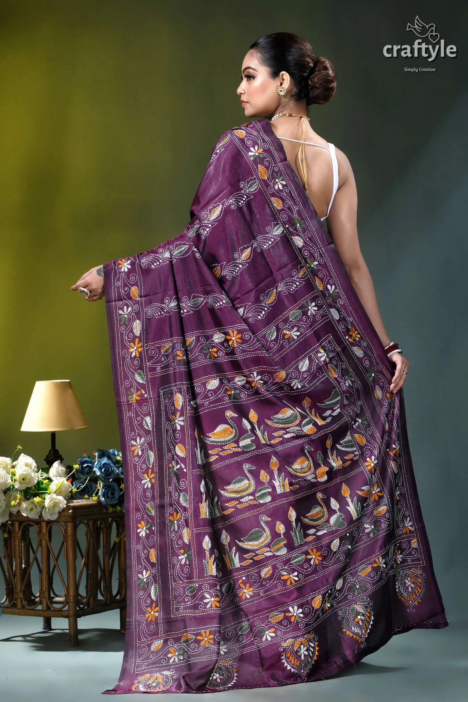 Exclusive swan motif silk kantha embroidery saree in plum purple rich purple silk saree adorned 5