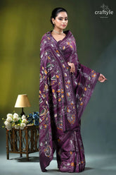 Exclusive swan motif silk kantha embroidery saree in plum purple woman wears rich purple saree 6