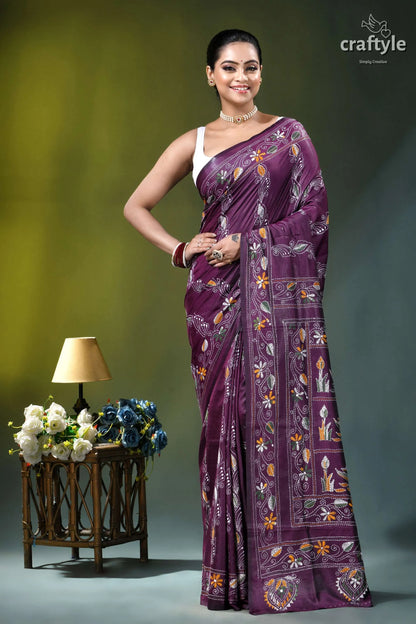 Exclusive swan motif silk kantha embroidery saree in plum purple purple silk saree intricate floral 7