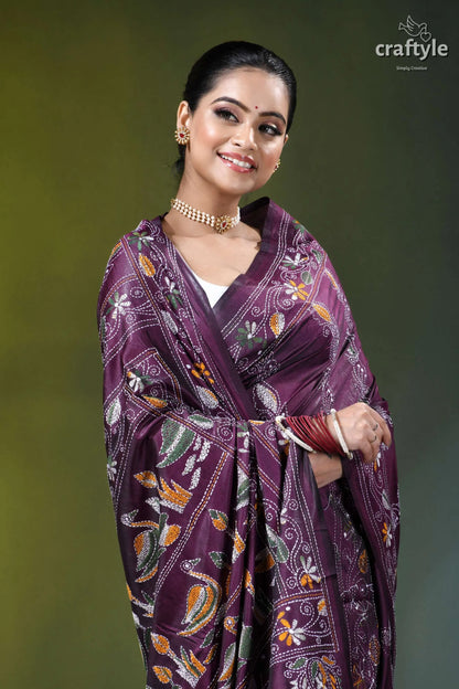 Exclusive swan motif silk kantha embroidery saree in plum purple rich purple saree intricate floral 2