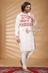 Exclusive white hand kantha work cotton ethnic punjabi kurta intricate red embroidery 3