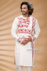 Exclusive white hand kantha work cotton ethnic punjabi kurta intricate red embroidery 2