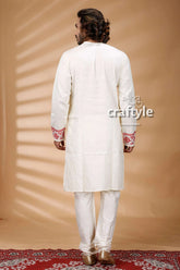 Exclusive white hand kantha work cotton ethnic punjabi kurta red embroidered 5