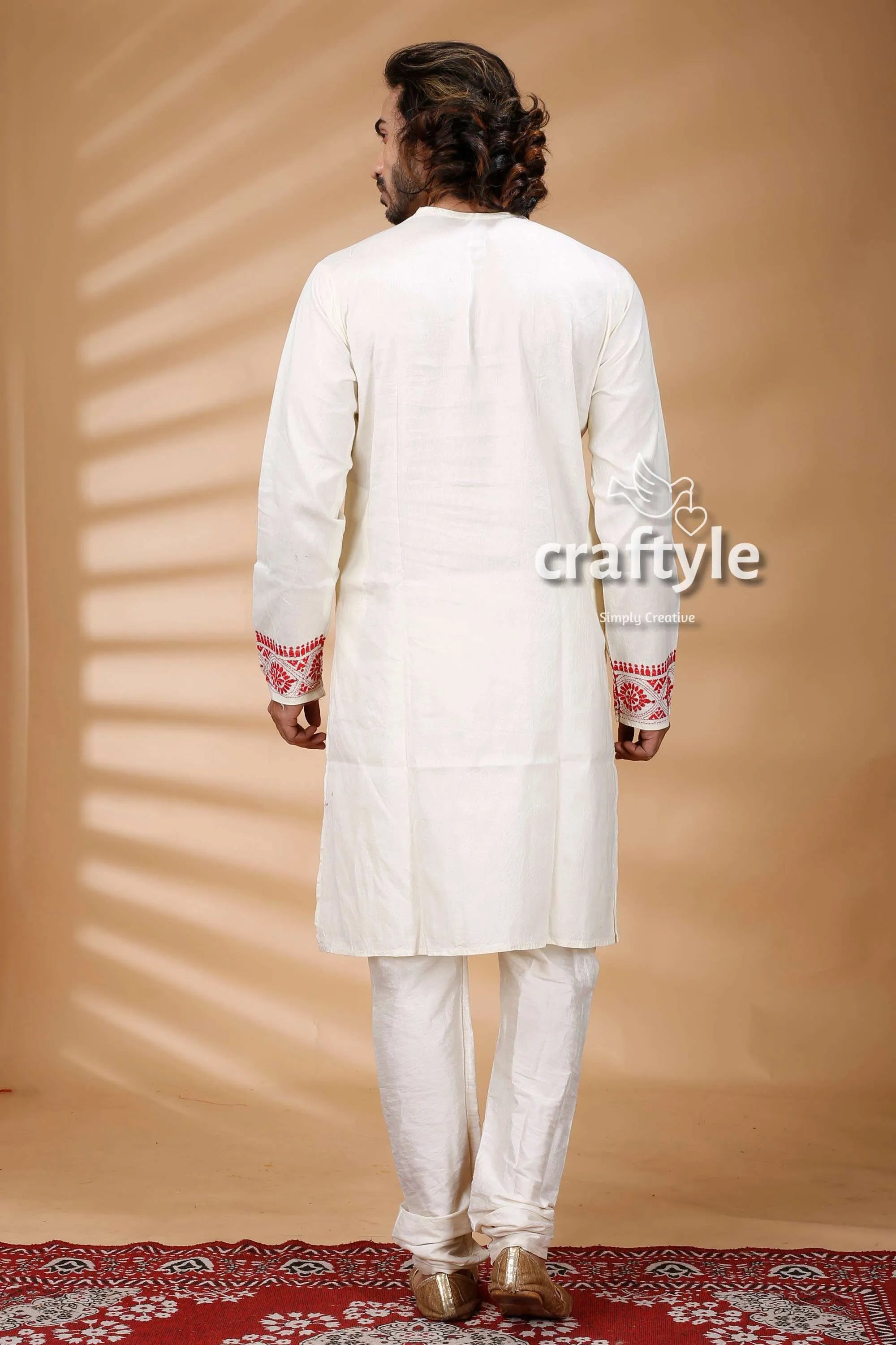 Exclusive white hand kantha work cotton ethnic punjabi kurta red embroidered 5