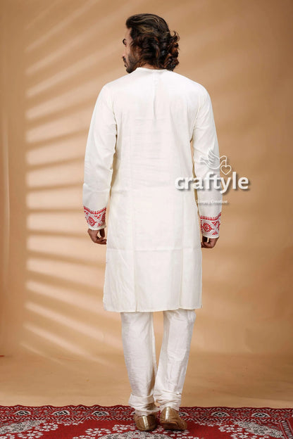 Exclusive white hand kantha work cotton ethnic punjabi kurta red embroidered 5