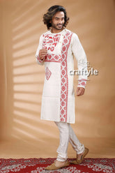 Exclusive white hand kantha work cotton ethnic punjabi kurta intricate red embroidery 4