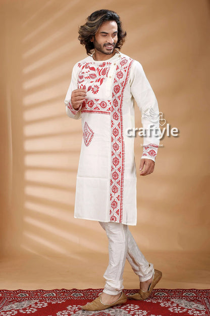 Exclusive white hand kantha work cotton ethnic punjabi kurta intricate red embroidery 4