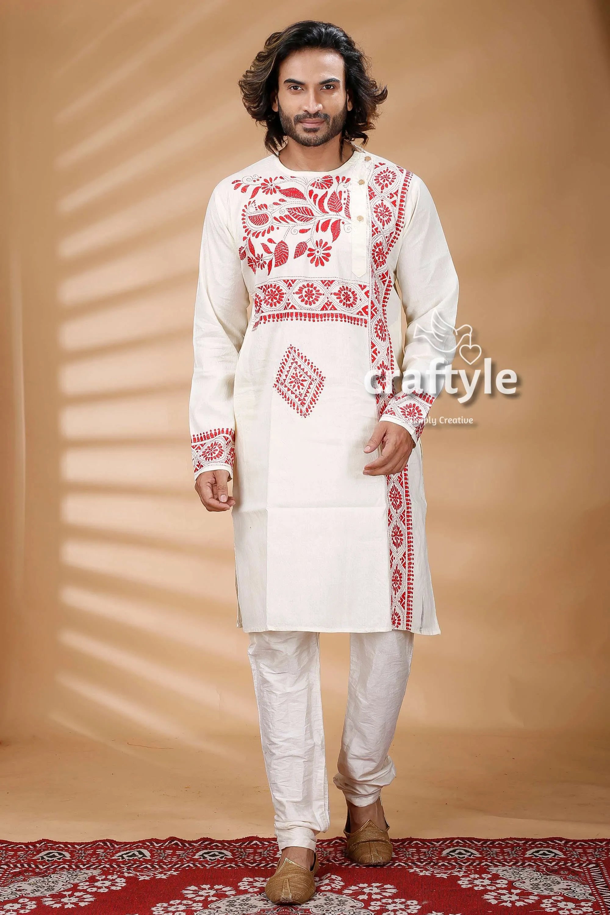 Exclusive white hand kantha work cotton ethnic punjabi kurta intricate red embroidery 1