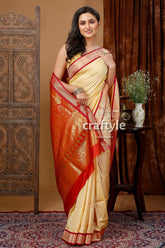 Exclusive zari border bomkai silk saree - buttermilk yellow woman cream red saree 5