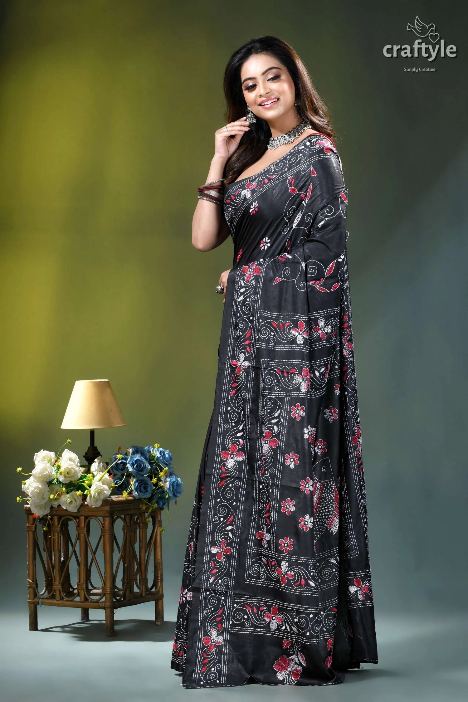 Exquisite black floral design multithread silk kantha saree black sari intricate pink white 3