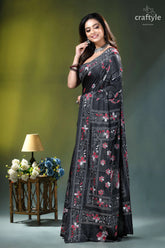 Exquisite black floral design multithread silk kantha saree black sari intricate pink white 3