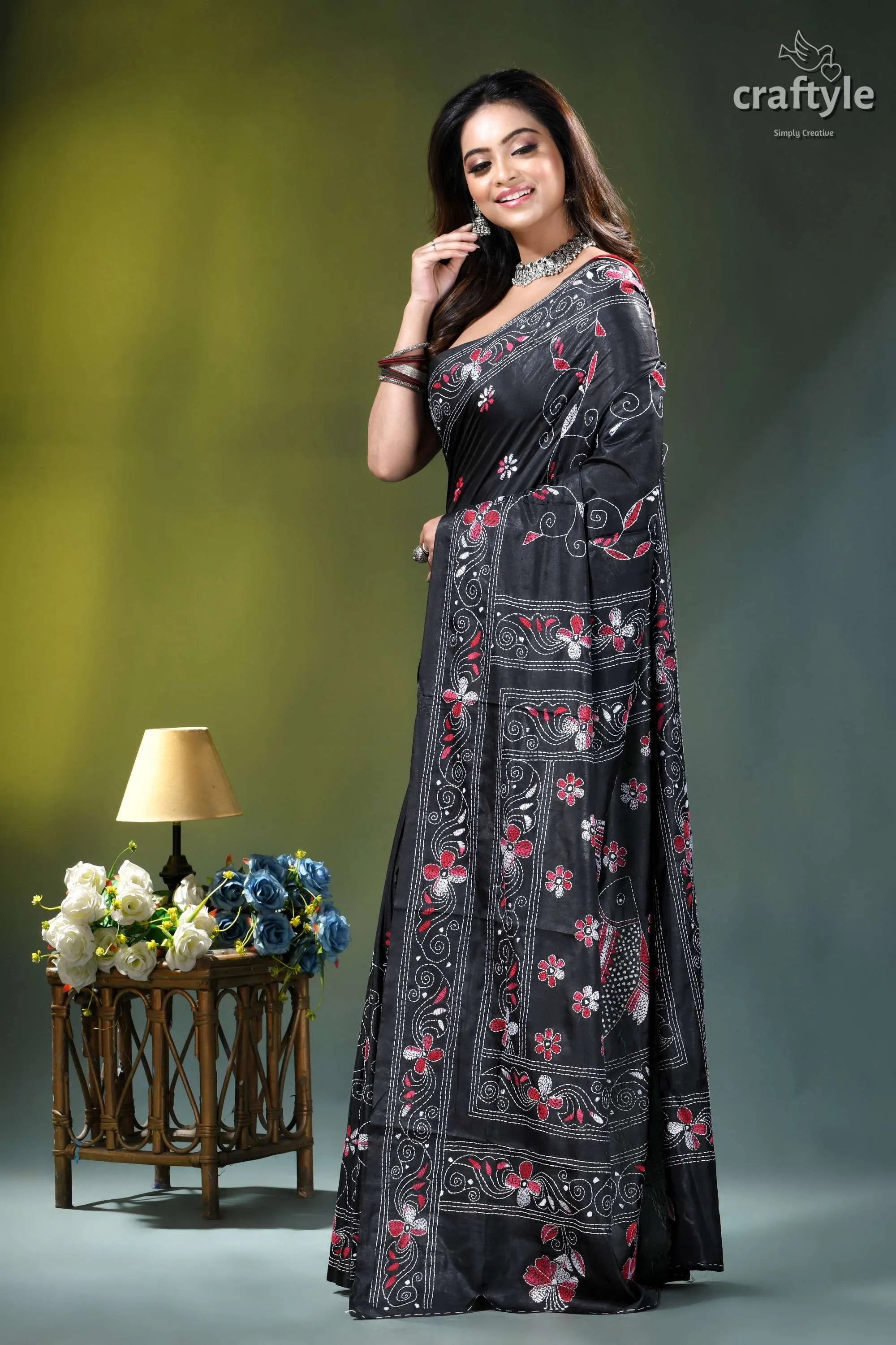 Exquisite black floral design multithread silk kantha saree black sari intricate pink white 3