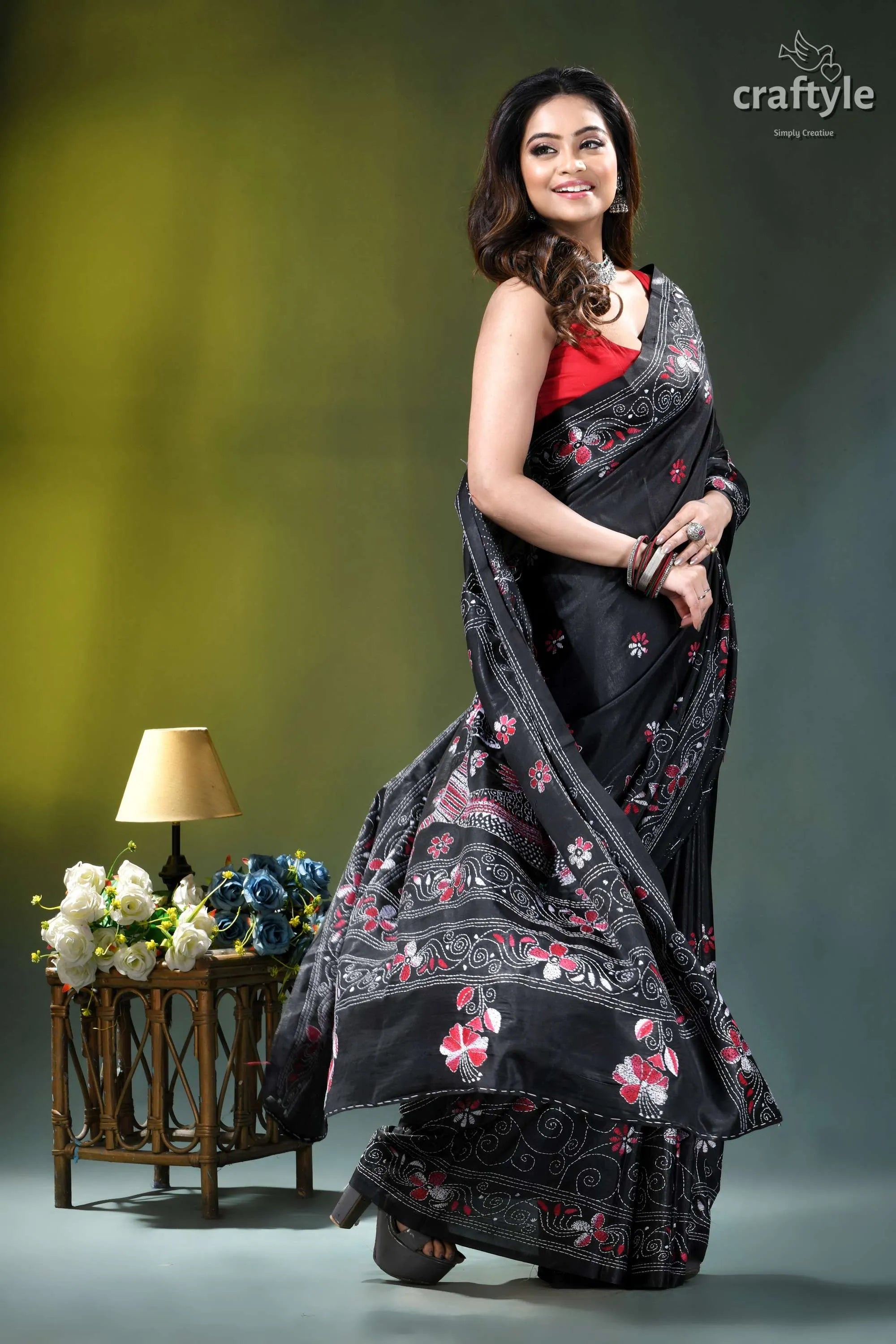 Exquisite black floral design multithread silk kantha saree black saree intricate pink white 5