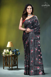 Exquisite black floral design multithread silk kantha saree black silk saree intricate pink 1