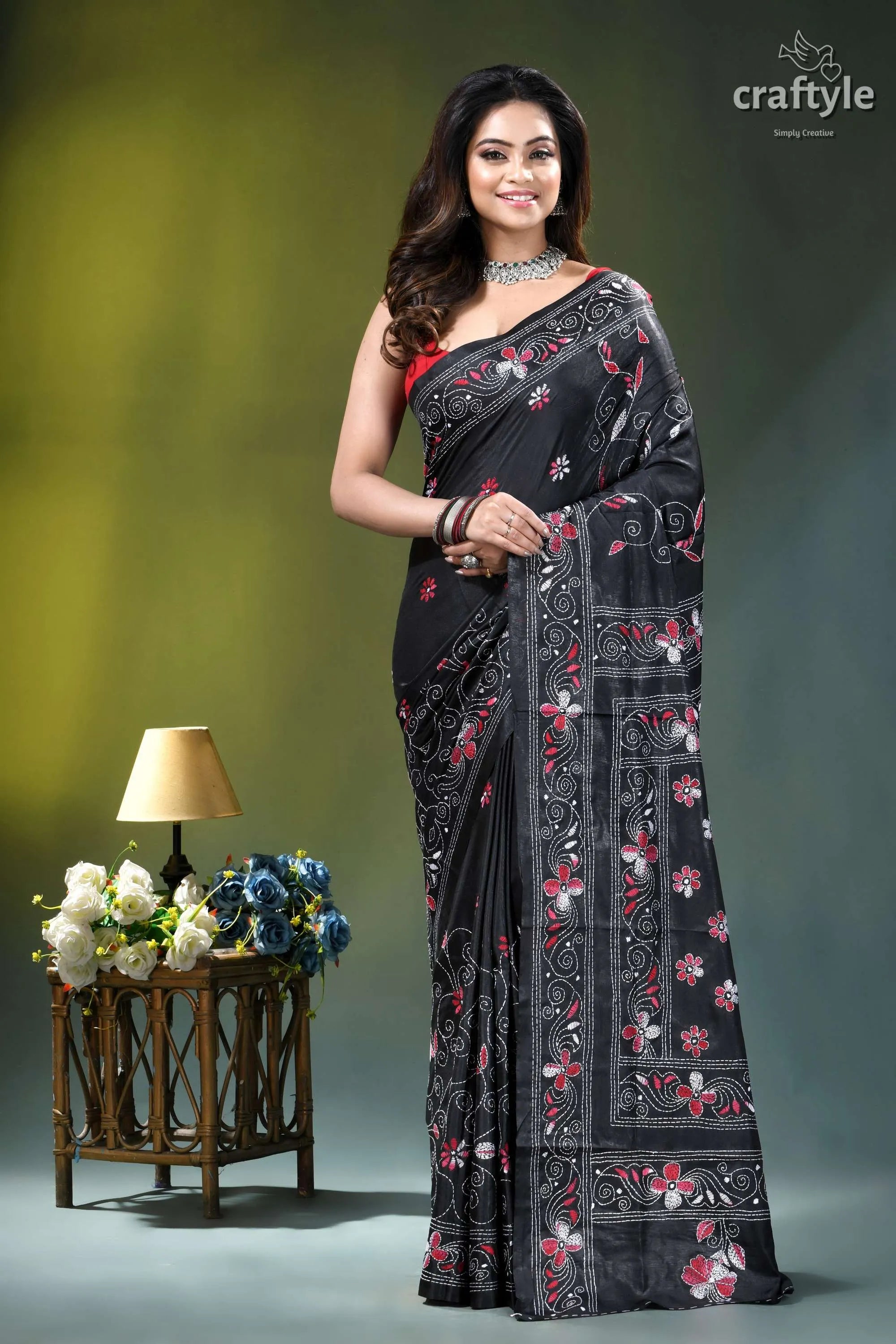 Exquisite black floral design multithread silk kantha saree black silk saree intricate pink 1