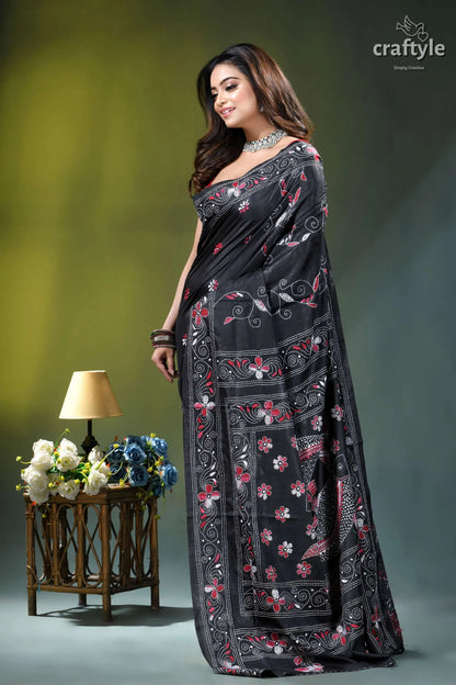 Exquisite black floral design multithread silk kantha saree black saree intricate pink white 4