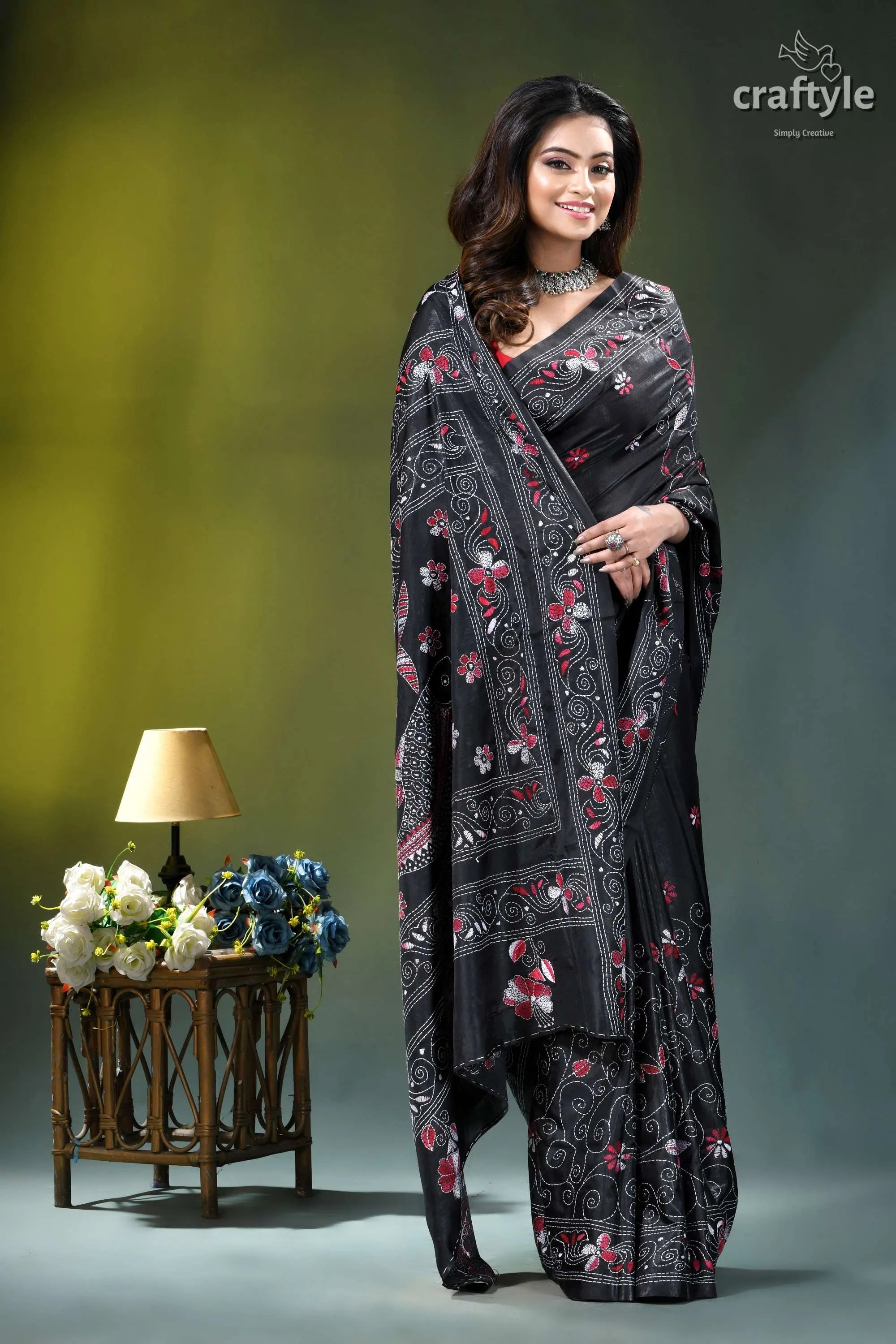Exquisite black floral design multithread silk kantha saree black silk saree intricate pink 7