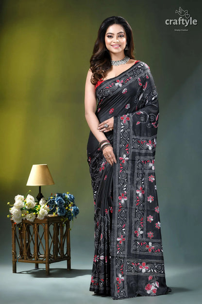 Exquisite black floral design multithread silk kantha saree black saree intricate pink white 8