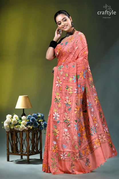 Exquisite coral pink floral design silk kantha stitch saree peach-colored saree intricate multicolored floral 3