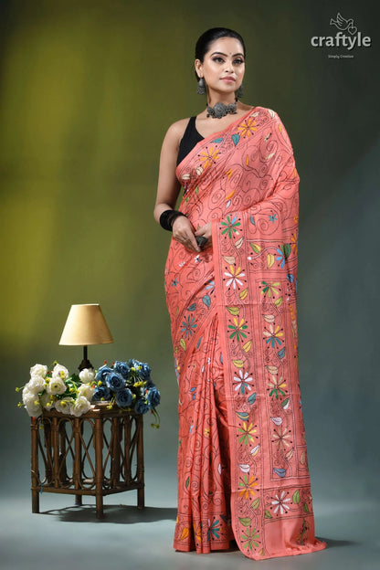 Exquisite coral pink floral design silk kantha stitch saree peach-colored saree intricate floral embroidery 6