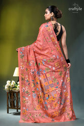 Exquisite coral pink floral design silk kantha stitch saree peach-colored banarasi saree intricate floral 4