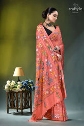 Exquisite coral pink floral design silk kantha stitch saree coral-colored saree intricate floral embroidery 5