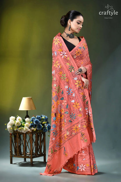 Exquisite coral pink floral design silk kantha stitch saree coral-colored saree intricate floral embroidery 5