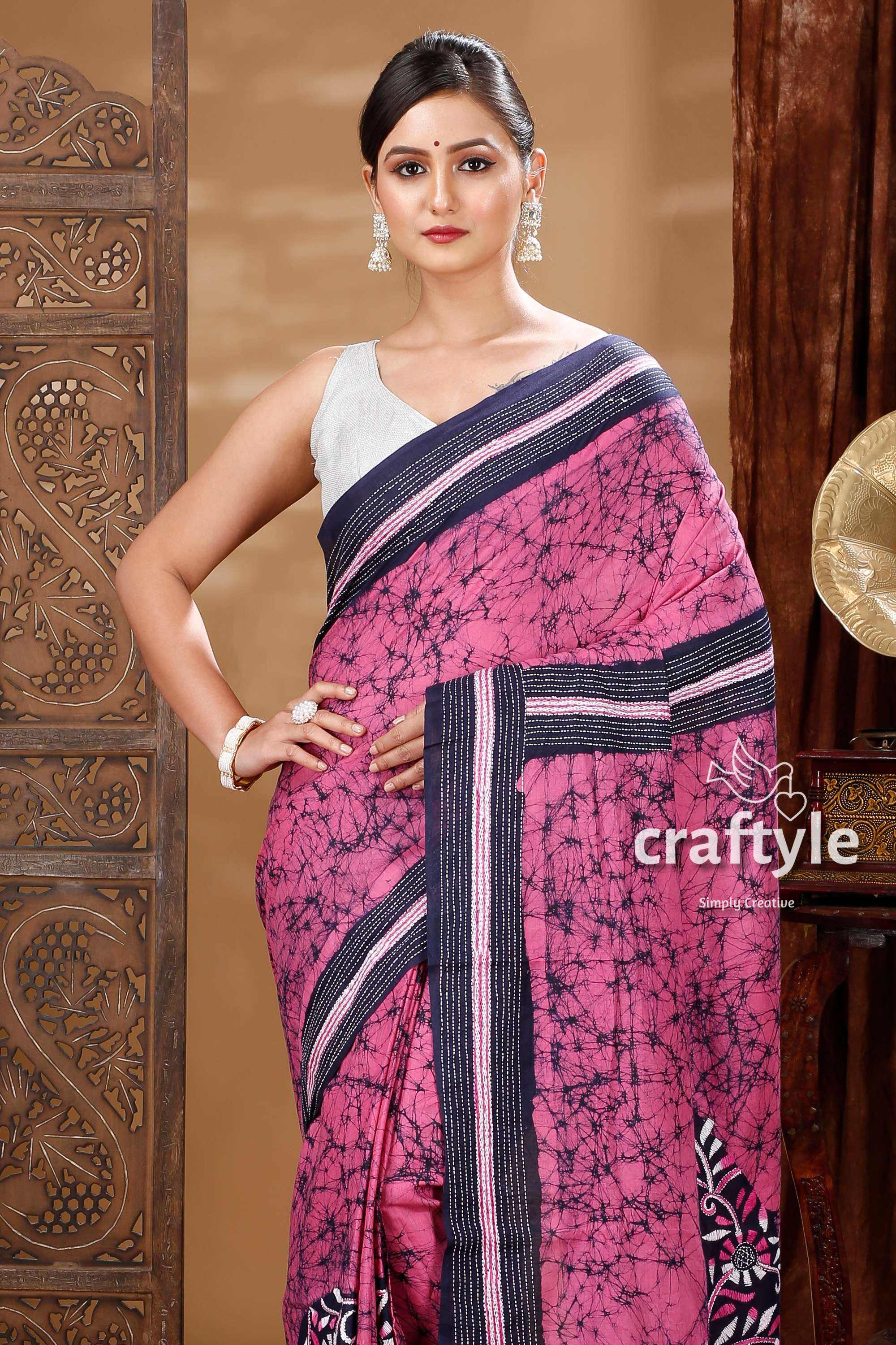 Exquisite Handcrafted Batik Pure Cotton Kantha Saree-Craftyle