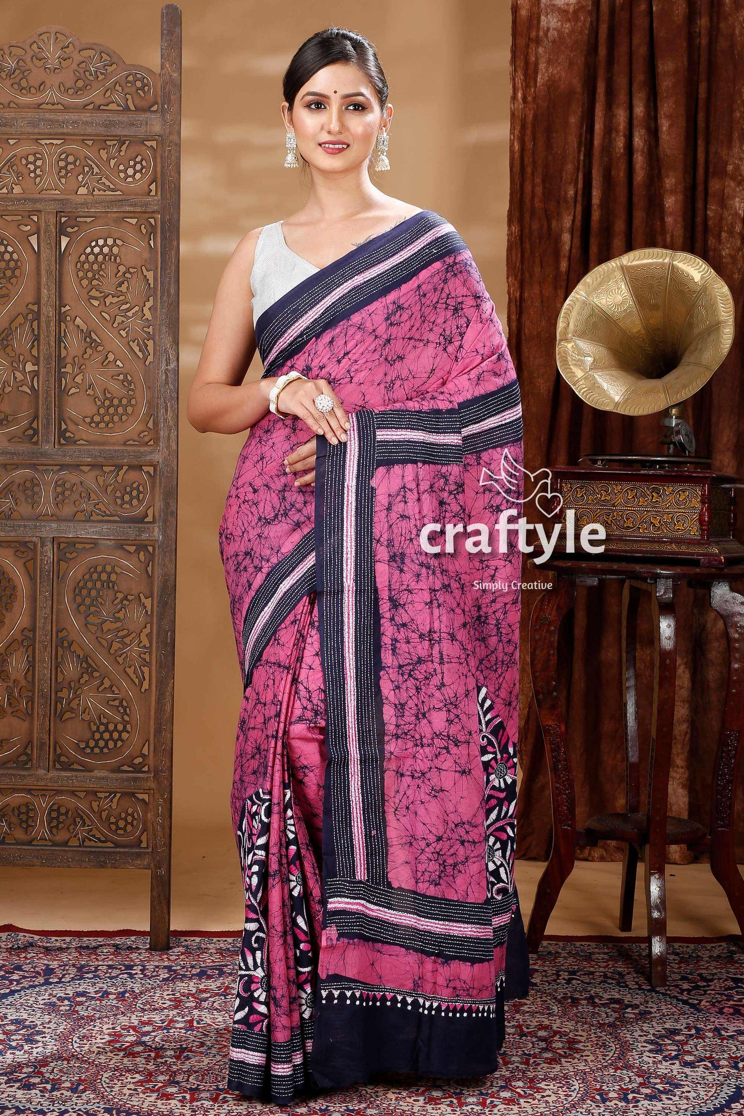 Exquisite Handcrafted Batik Pure Cotton Kantha Saree-Craftyle