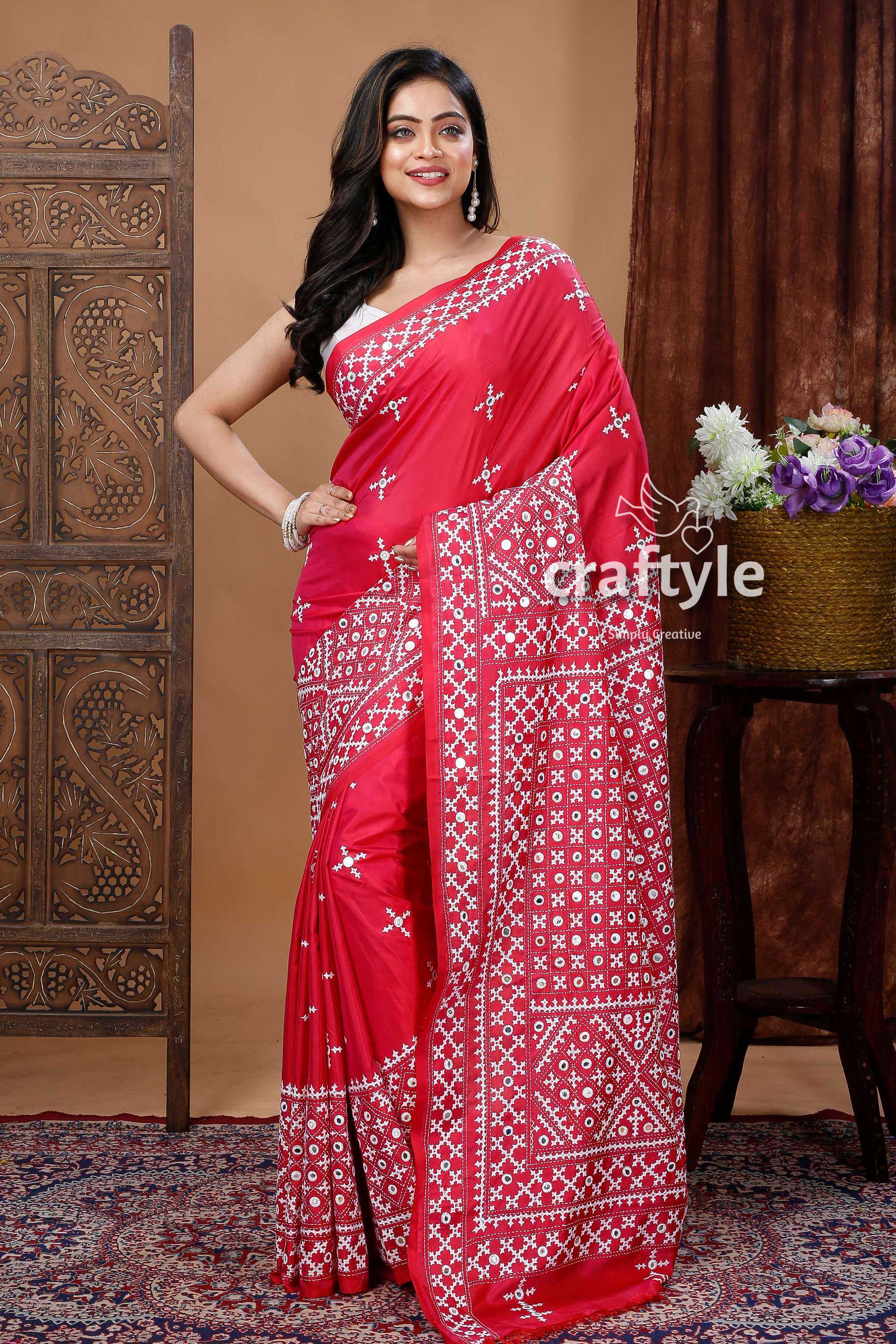 Exquisite Red White Silk Kantha Embroidered Saree - Kutch Work Design-Craftyle