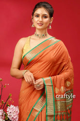 Exquisite ruddy brown bomkai silk saree with zari border woman orange saree green gold 2